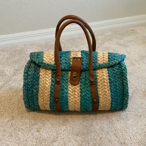 Pilcro and the Letterpress straw bag with genuine leather straps.